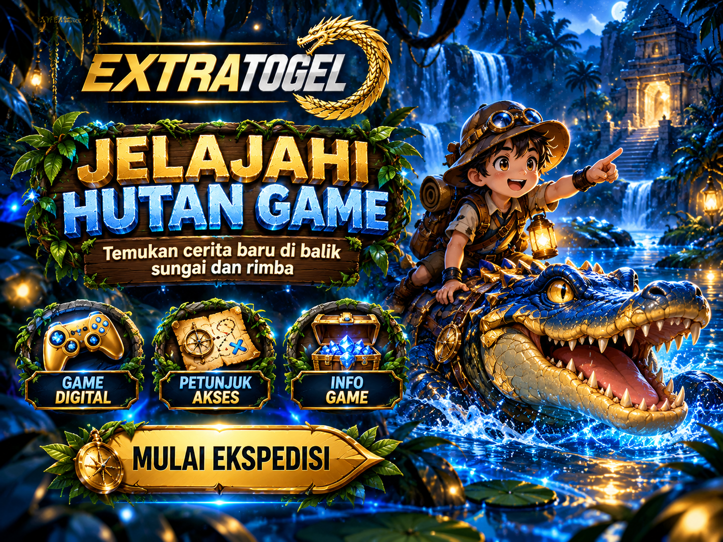 Banner EXTRATOGEL dengan penjelajah dan buaya fantasi di sungai hutan tropis bercahaya biru